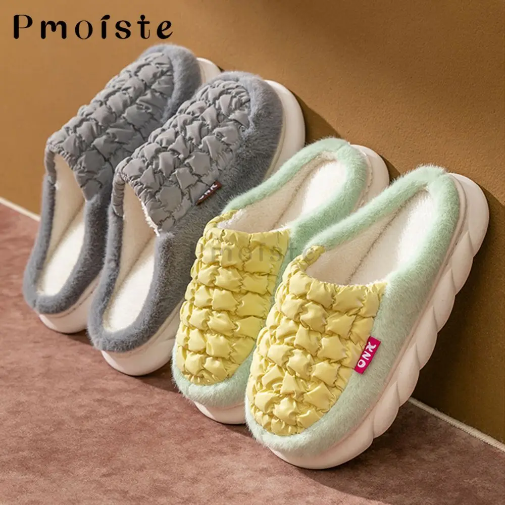 

Furry Women Home Slippers Down Cloth Gingham Female Indoor Slippers Soft Fashion Platform Shoes with Fur Couples House Slippers