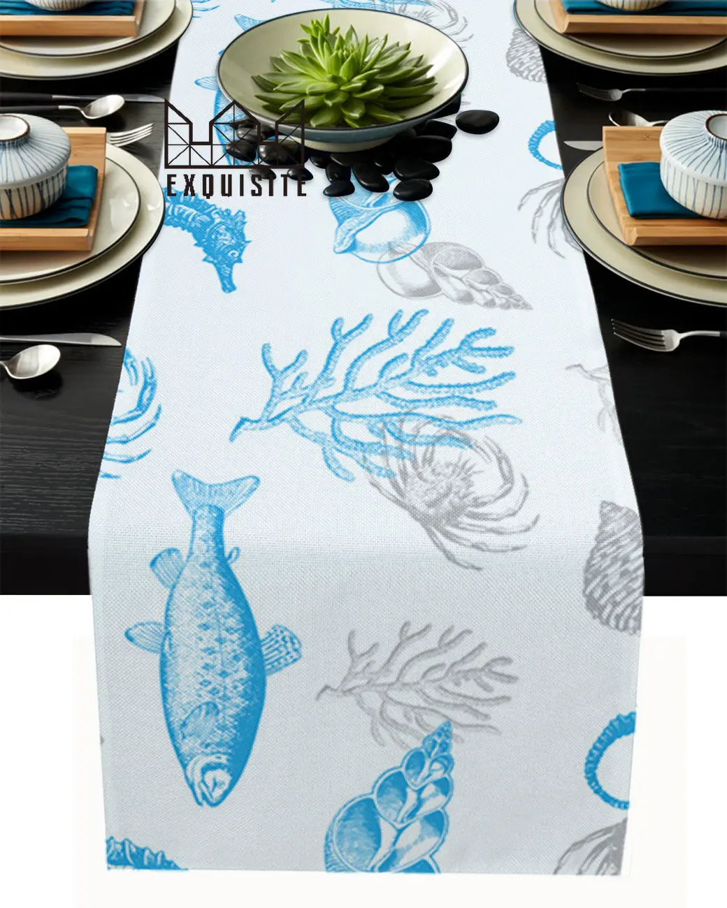 

Ocean Seahorse Fish Shell White Table Runner Wedding Party Dining Table Cover Cloth Placemat Napkin Home Kitchen Decoration