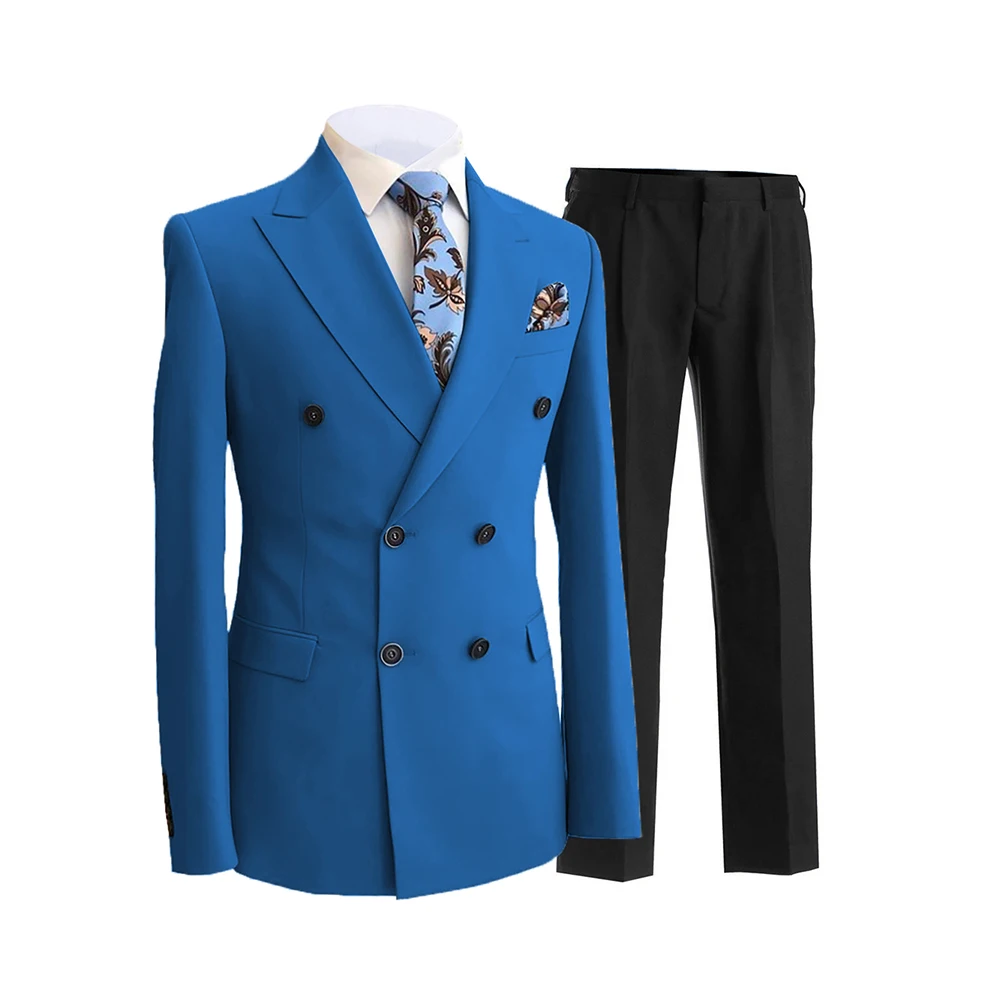 Blue Men's Suit 2 Pieces Double Breasted Peak Lapel Business Formal For Wedding Groom Tuxedos Party Jacket With Black Pants
Blue Men's Suit 2 Pieces Double Breasted Peak Lapel Business Formal For Wedding Groom Tuxedos Party Jacket With Black Pants