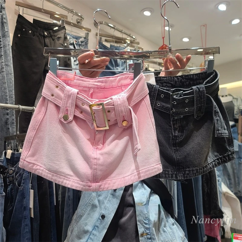 

Fashion Pink Denim Skirt Woman Summer 2022 New Sexy Girl Miniskirt Anti-Exposure Slimming A- Line Pantskirt Hip Jupe Femme