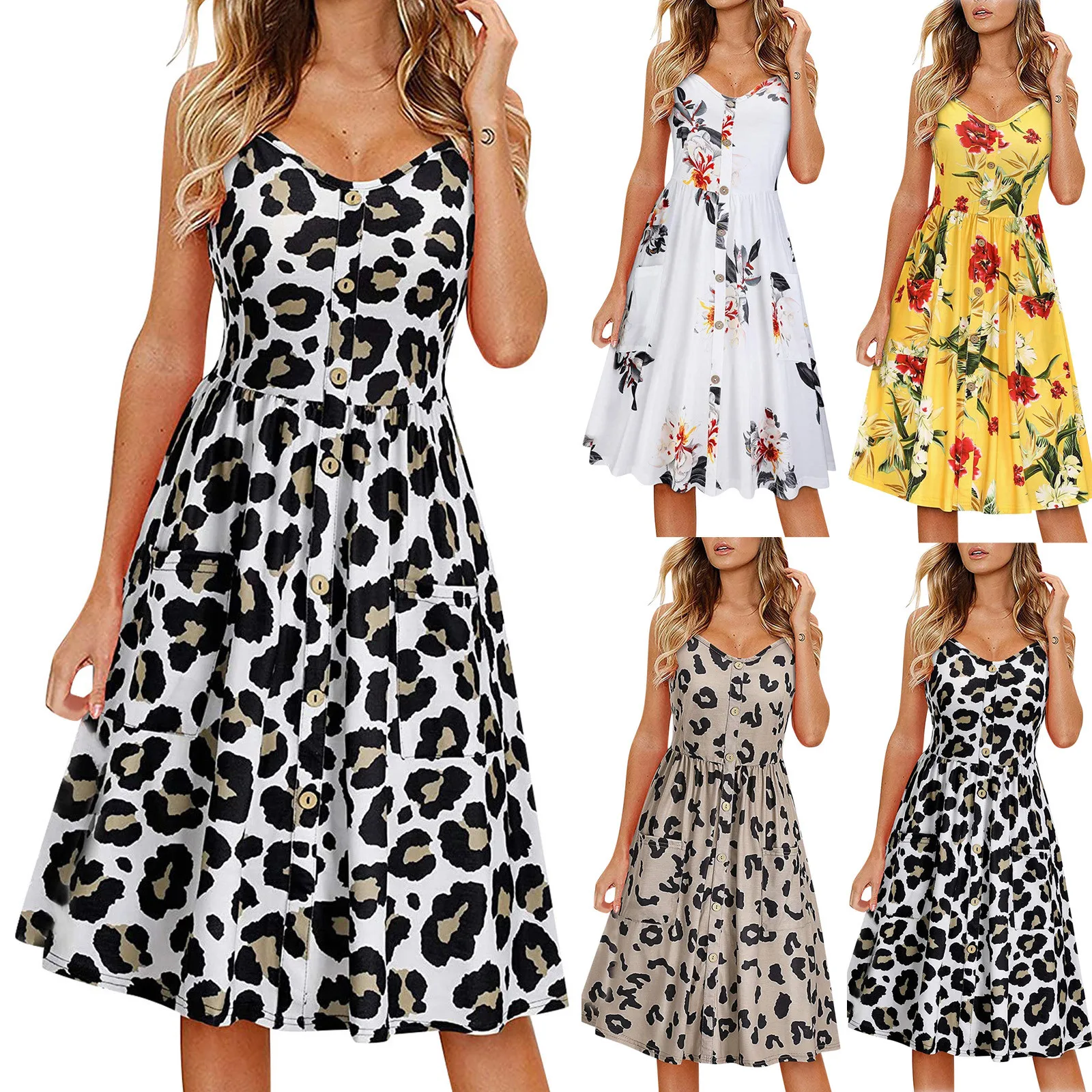 Женское платье с цветочным принтом, V-образным вырезом, пуговицами и карманами
Женское платье с цветочным принтом, V-образным вырезом, пуговицами и карманами