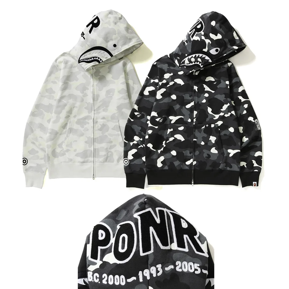 

High Quality 100% Cotton Bape Color Camo Shark Full Zip Black White Hoodie PONR Embroidered Couples Hoody Sudaderas Hombres