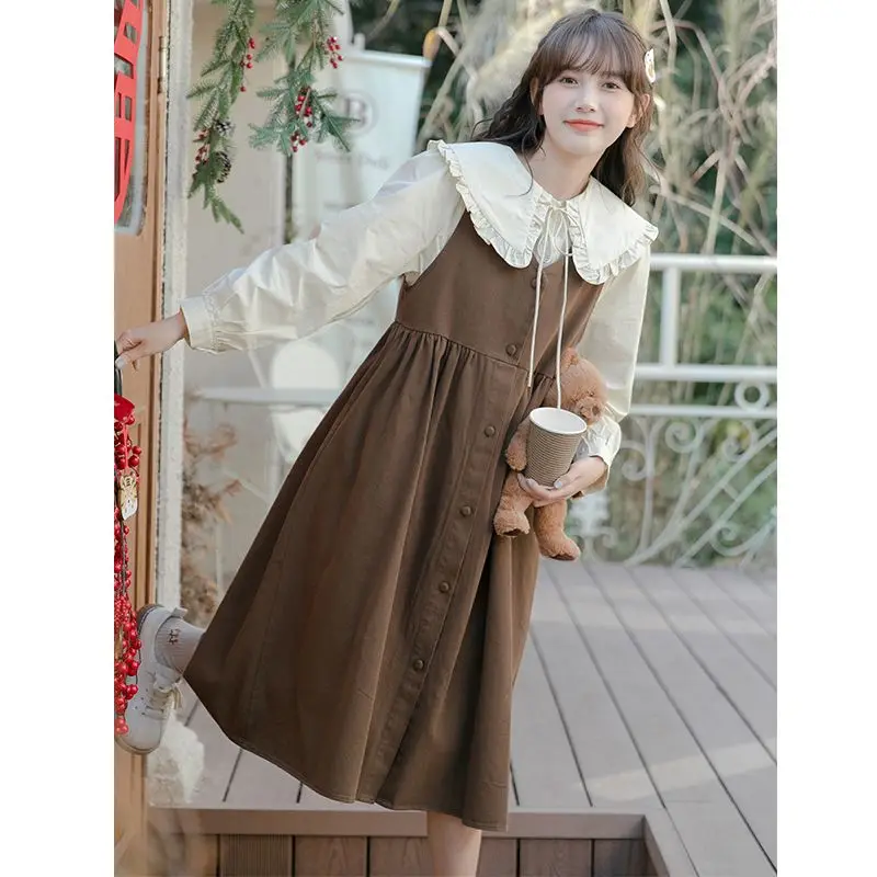 Japanese Style Vintage Suspender Dresses Spring Autumn New Mori Girl Solid Waisted Doll Collar Shirt And Cute A-line Dress Suit
Japanese Style Vintage Suspender Dresses Spring Autumn New Mori Girl Solid Waisted Doll Collar Shirt And Cute A-line Dress Suit