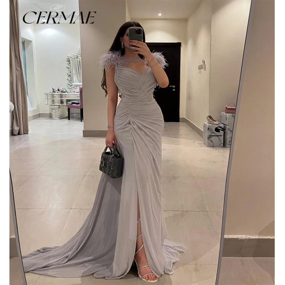

CERMAE Grey V-Neck Plumes Slimming Simple Fishtail Elegant Formal Evening Prom bridesmaid Party Dress for Women 2023