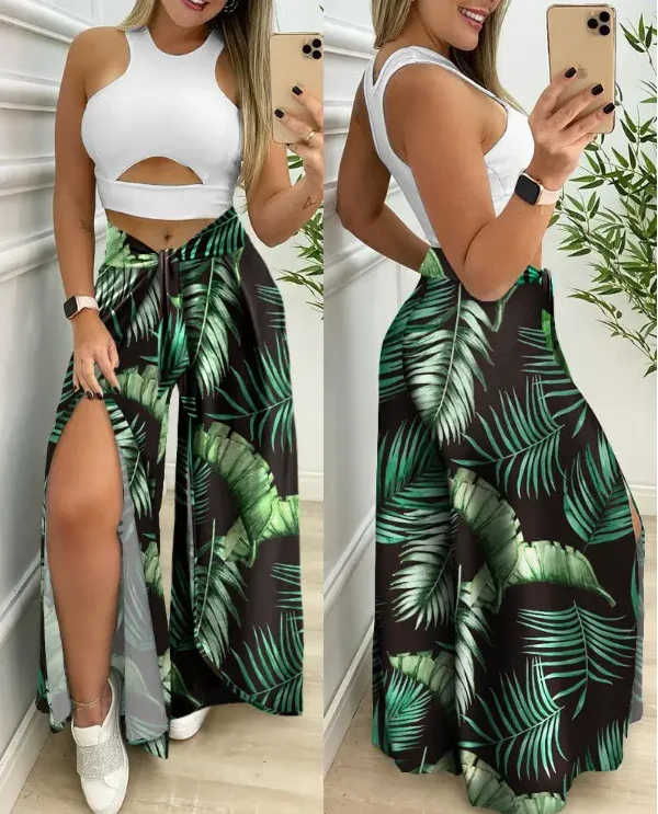 

Women's 2 Piece, Women's Pants, Cutout Top and Tropical Print Slit Wide Leg Pants Set