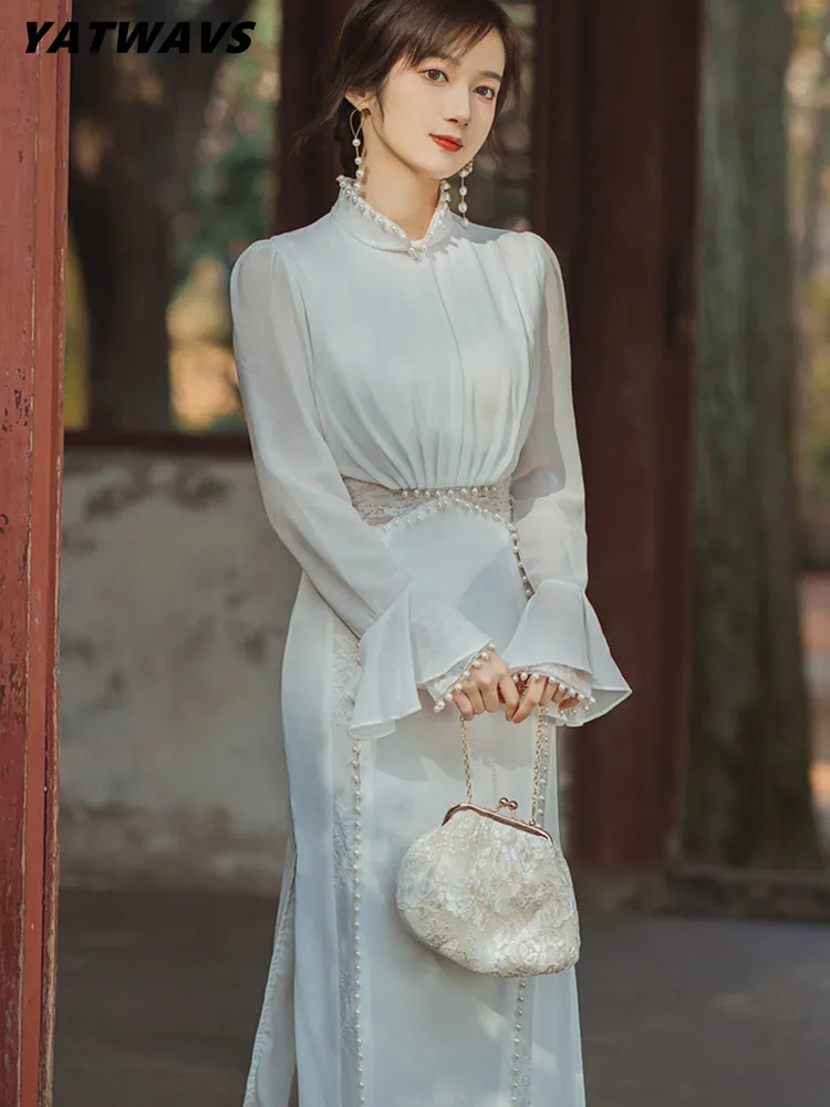 

YATWAVS Vintage Summer Cheongsam Dress Women Runway Fashion Beading Decor Splicing Lace High Waist Elegant Slim Party Dresses