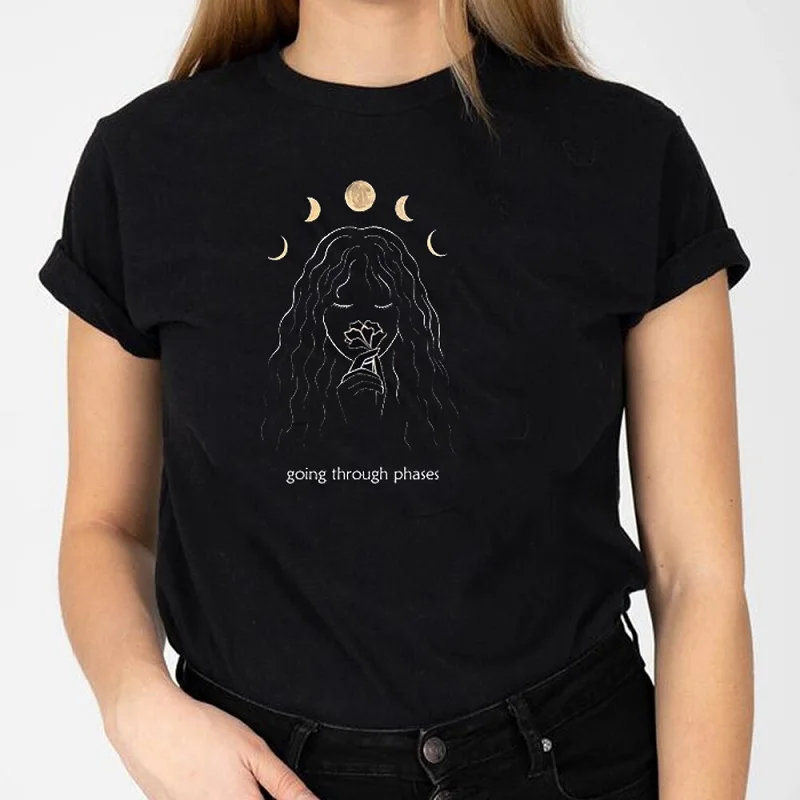 

Going Through Phases T-Shirt Women's Grunge Aesthetic Celestial Moon Tee Cute Witch Shirt Gothic Clothing