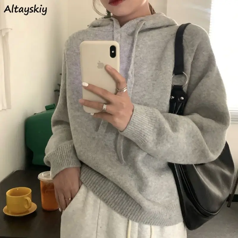 

Hooded Knitted Pullovers Women Ulzzang Loose Lazy Vintage Sweater Casual Streetwear Warm Fashion Autumn Soft Tender Chic Girls