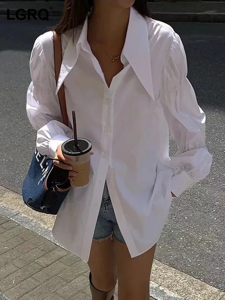 LGRQ 2023 spring New Fashion Women's Shirt Solid Puff Sleeve Single Breasted Folds Turn-down Collar Loose Blouse Female 19J2309
LGRQ 2023 spring New Fashion Women's Shirt Solid Puff Sleeve Single Breasted Folds Turn-down Collar Loose Blouse Female 19J2309