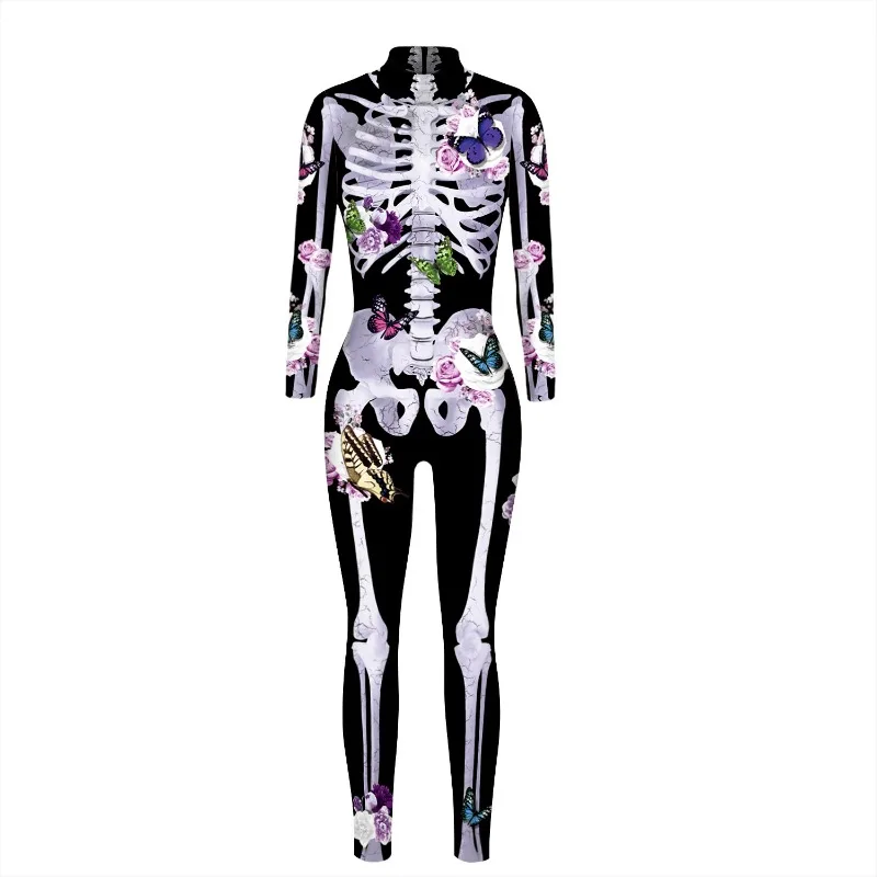 

Scary Costumes Horror Halloween Costume Women Bodysuit Human Skeleton Printing Tight Lady Clothes Carnival Cosplay Terrify Skull
