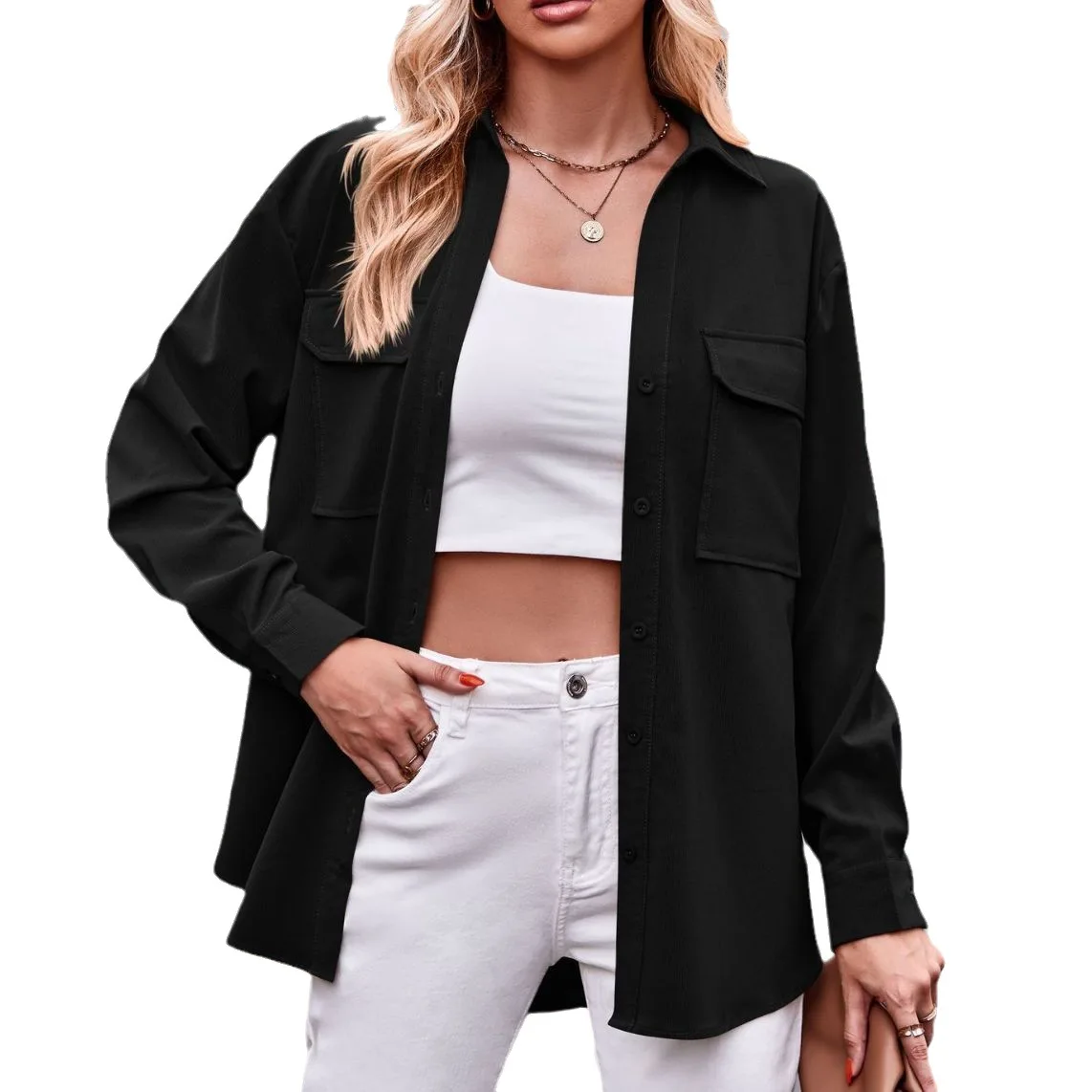 2023 New Women's Cross border European and American Leisure Fashion Double Pocket Loose Long Sleeve Solid Color Shirt
2023 New Women's Cross border European and American Leisure Fashion Double Pocket Loose Long Sleeve Solid Color Shirt