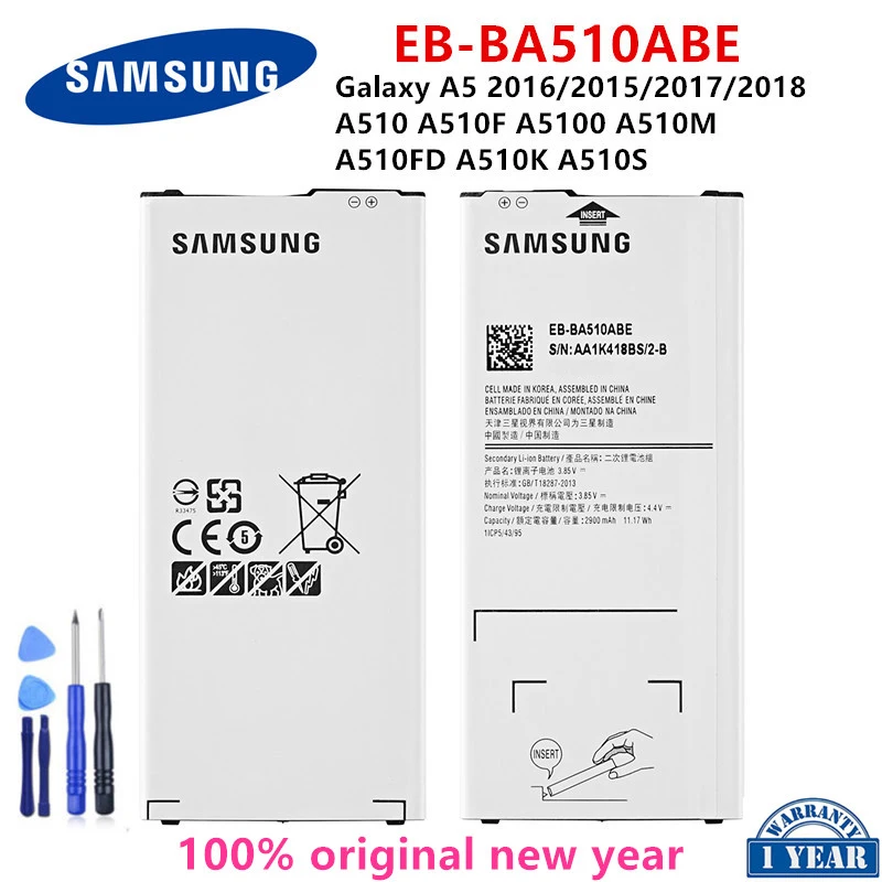 SAMSUNG Orginal EB-BA510ABE 2900mAh Battery For Samsung Galaxy A5 2016/2015/2017/2018 A510 A510F A5100 A510M A510FD A510K A510S
SAMSUNG Orginal EB-BA510ABE 2900mAh Battery For Samsung Galaxy A5 2016/2015/2017/2018 A510 A510F A5100 A510M A510FD A510K A510S