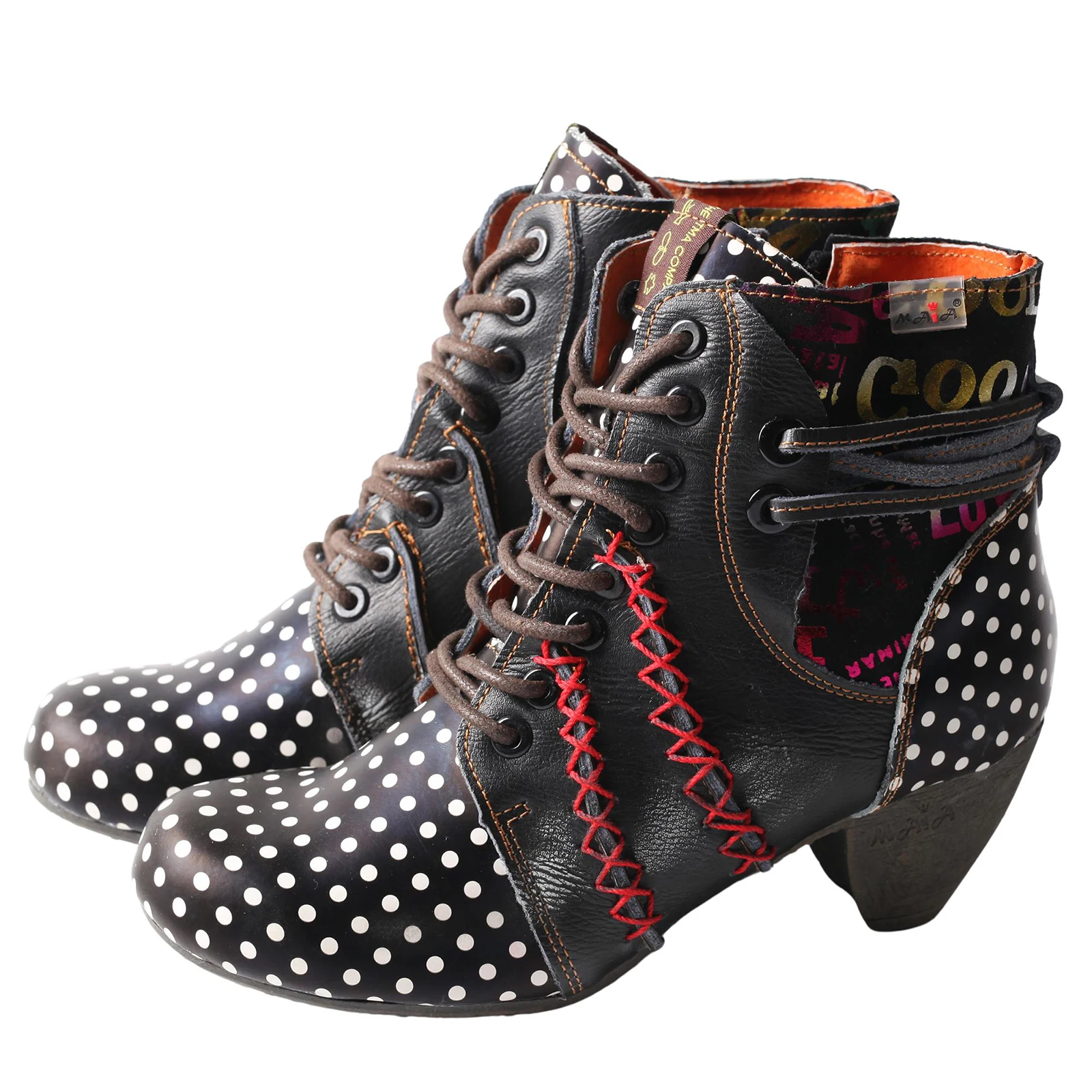 

TMA EYES Polka Dot Leather Women Boots with Moccasin Hand Stitching with Four Seasons