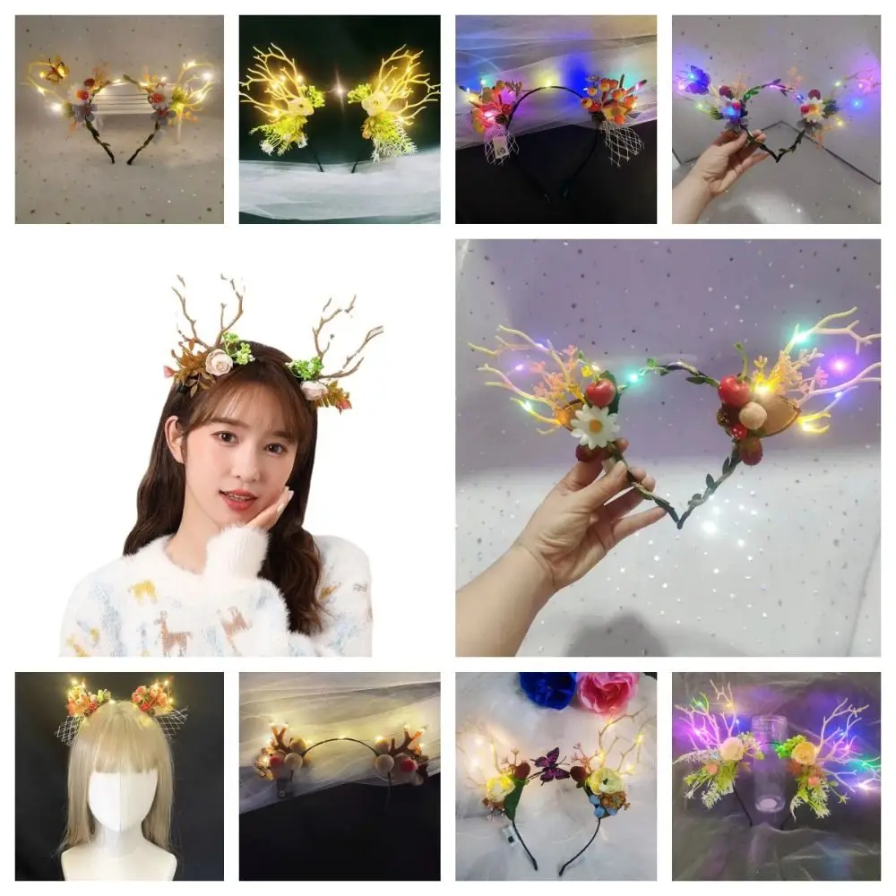 

Hair Hoop LED Christmas Headband Sweet LED Luminous Glowing Headband Flower Party Dress Up Deer Ear Antler Headband Kid