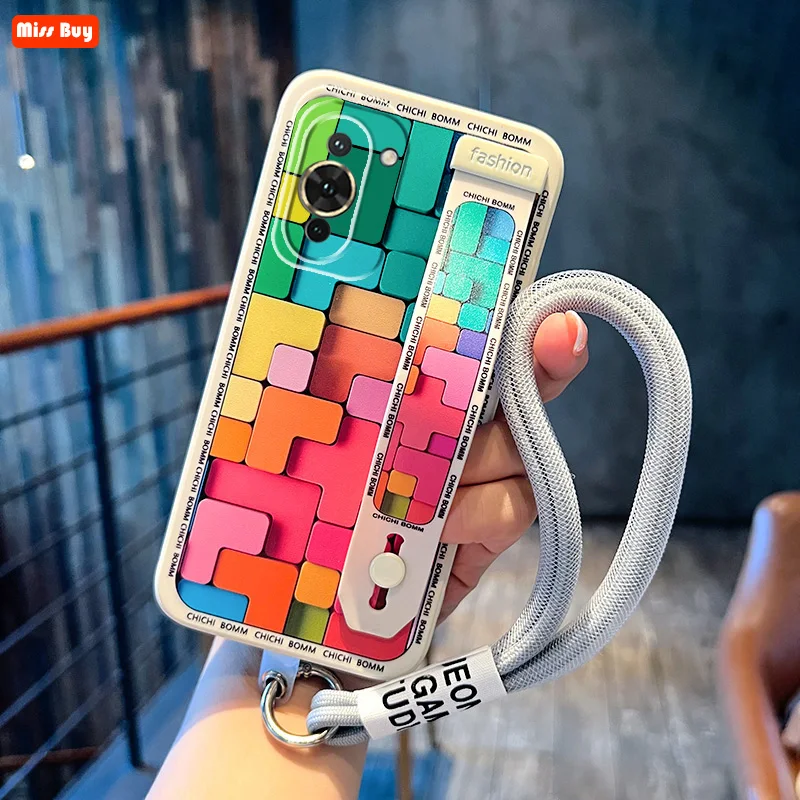 

Colorful Lattice Flower Print Shockproof Wristband Case for Huawei P60 Pro Honor 80 GT 80 70 60 Pro SE Honor Play 6t Pro Cover