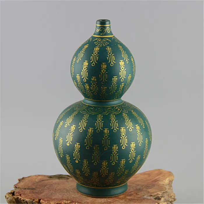 

Jingdezhen Antique Enamel Vase Yong Zheng Green Glaze Gold Longevity Gourd Vase Old Antique Porcelain Antique Ornaments