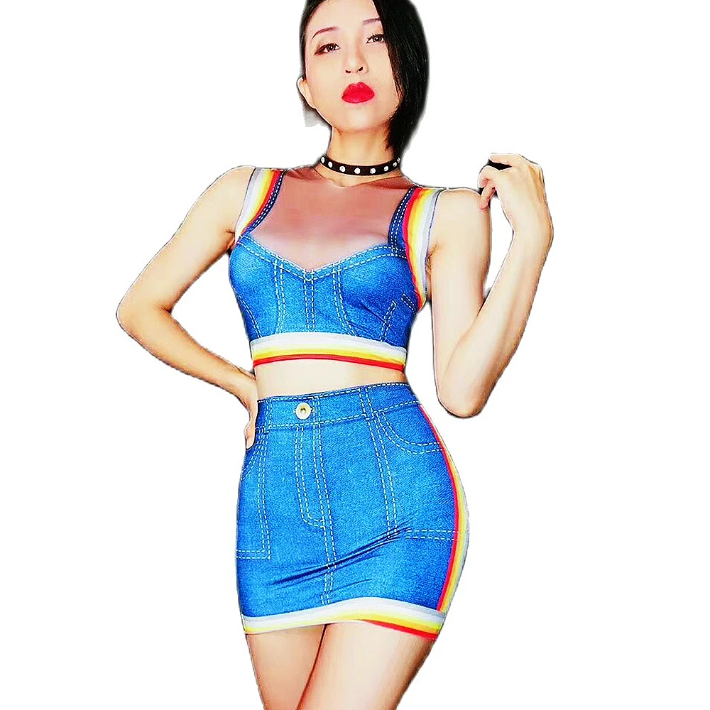 Women Denim Blue Two Pieces Sets Belly Dancing Stage Wear Sleeveless Tops Tight Stretch Skirt Nightclub Evening Prom Costumes
Women Denim Blue Two Pieces Sets Belly Dancing Stage Wear Sleeveless Tops Tight Stretch Skirt Nightclub Evening Prom Costumes
