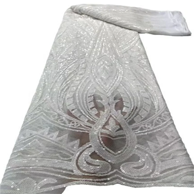 

Африканская кружевная ткань с блестками 2023, белая, 5 ярдов, высокое качество, французская нигерийская кружевная ткань для жениха, для шитья платья, свадебной вечеринки