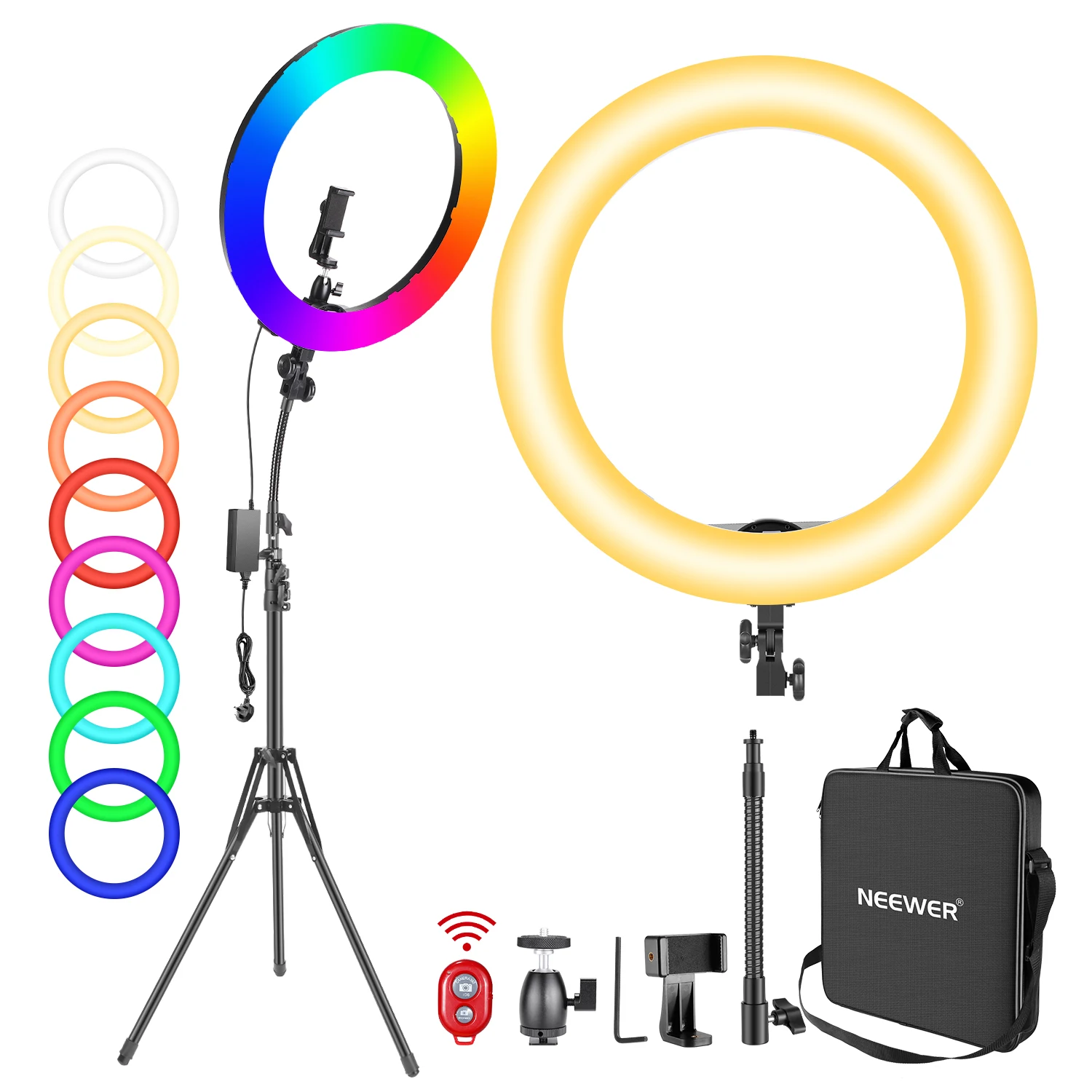 Neewer 18-inch RGB Ring Light With Stand, Dimmable Bi-Color CRI 97+ LED Ring Light With 0-360 Full Color For Makeup/Vlog/YouTube
Neewer 18-inch RGB Ring Light With Stand, Dimmable Bi-Color CRI 97+ LED Ring Light With 0-360 Full Color For Makeup/Vlog/YouTube