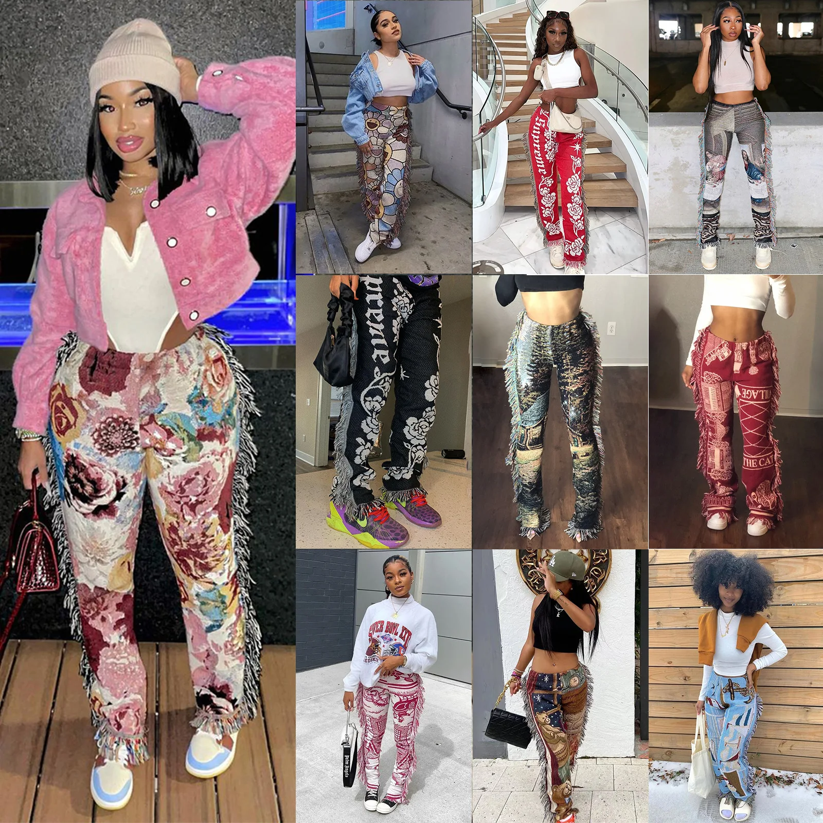 

Tassel Patchwork Striped Print Jogger Pant Women Rave Festival Clothing 2022 Casual High Waist Bodycon Active Sweat Pants