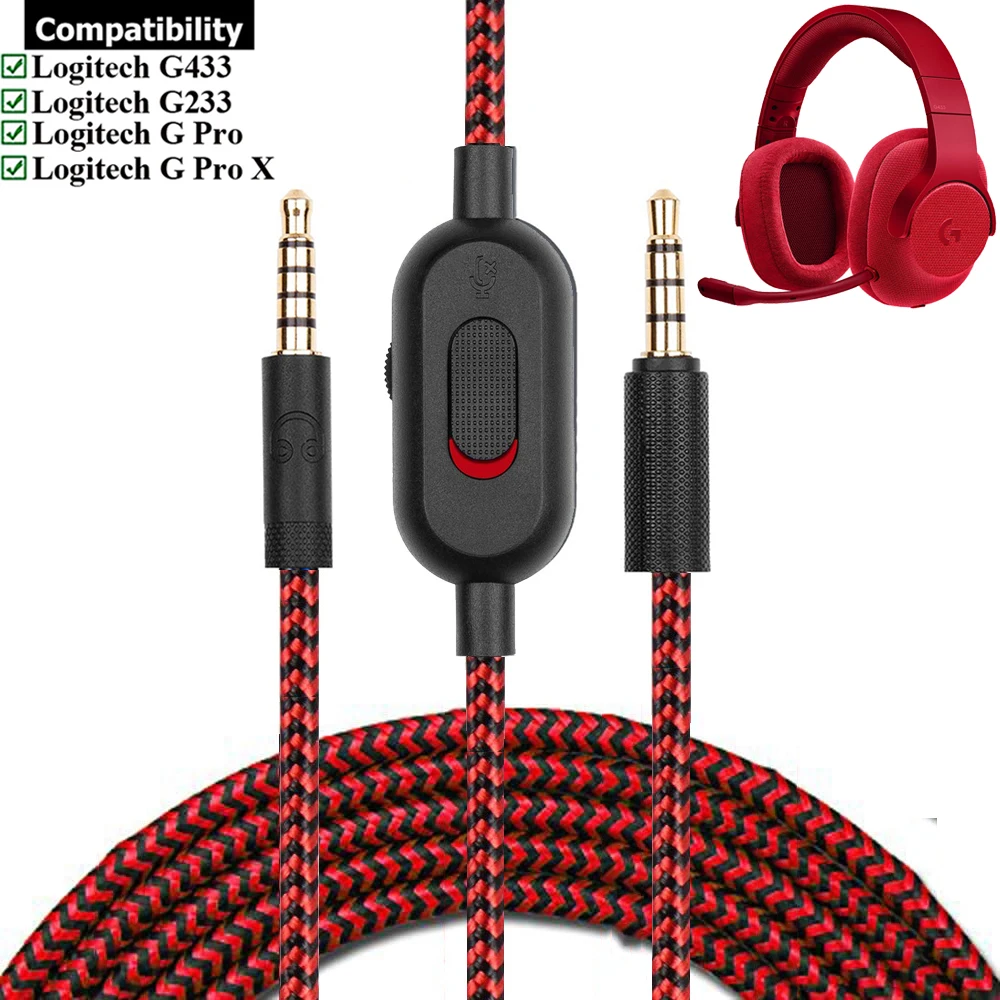 

2.0M Braided Replacement Cable Extension Cord Wire for Logitech G433 G233 G Pro X Gaming Headset With Mute Volume Control Clip