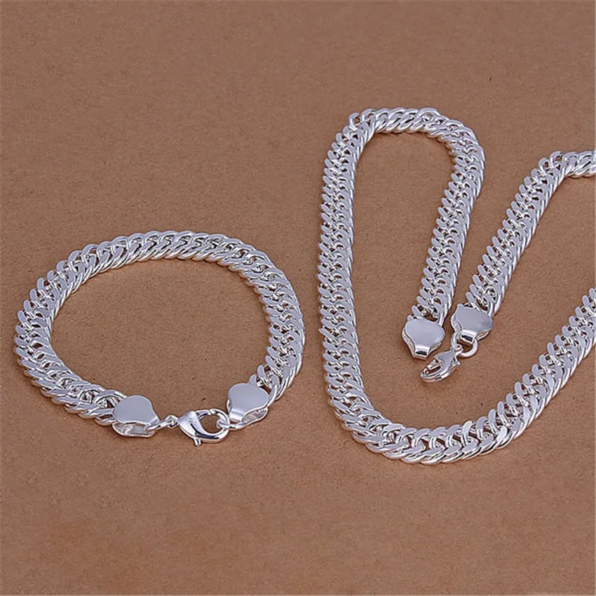 

925Hot silver color jewelry set high quality charm fashion men 10MM whip chain geometric necklace bracelets