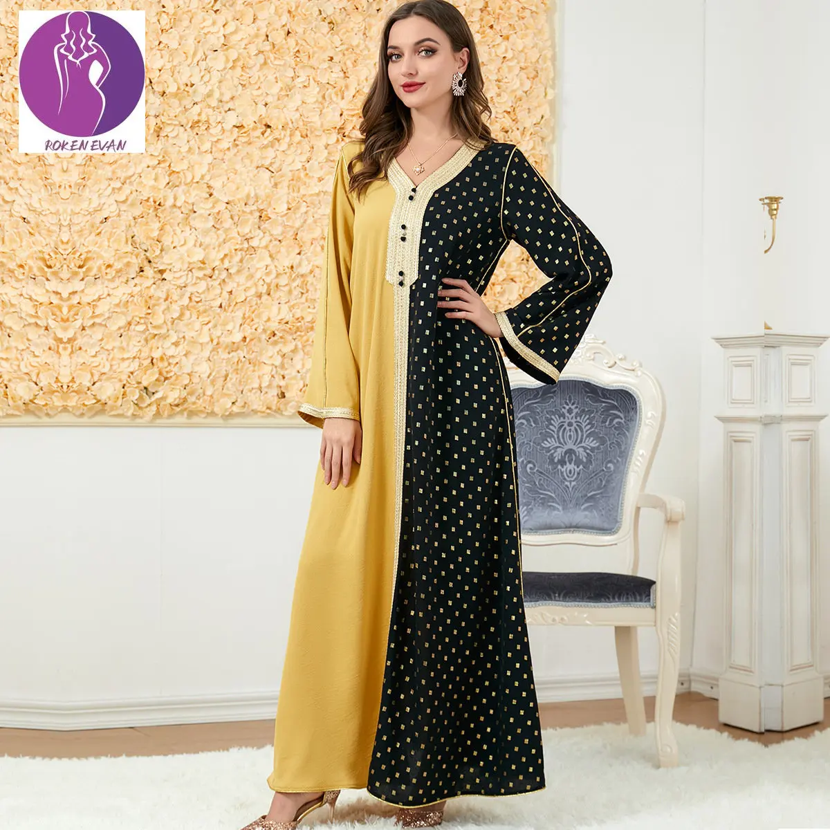 

ROKEN EVAN 2022 Autumn Muslim Arabic Dress Contrast Color Dress Elegant Abaya Maxi Dress Marocain Dubai Fashion