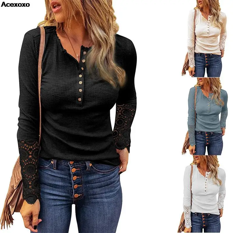 

2023 European and American detonation products round neck stitched lace sleeve loose solid color long sleeve T-shirt