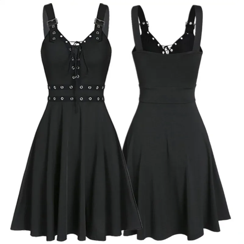 Women Mini Dresses Gothic Black Sexy Deep V Neck 2023 Fall Punk Sleeveless Rivet Fashion Tunic Hip Hop Bandage Female Dress 
Women Mini Dresses Gothic Black Sexy Deep V Neck 2023 Fall Punk Sleeveless Rivet Fashion Tunic Hip Hop Bandage Female Dress