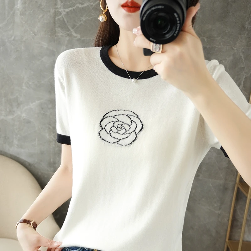 Summer 100% Cotton T-Shirt Casual Knit Sweater Short Sleeve Crew Neck Ladies Top Ovreside Tees HOT Embroidered Flower Blouse
Summer 100% Cotton T-Shirt Casual Knit Sweater Short Sleeve Crew Neck Ladies Top Ovreside Tees HOT Embroidered Flower Blouse