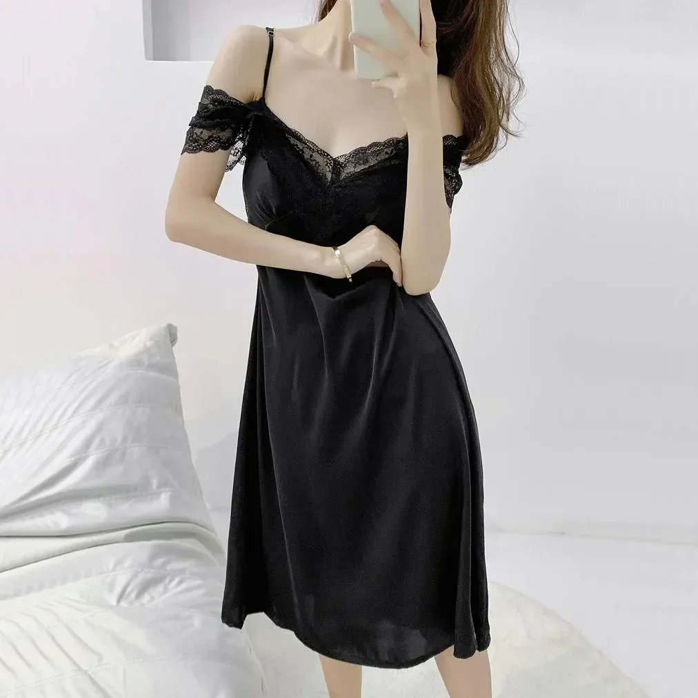 Летняя женская кружевная ночная рубашка, одежда для сна, домашняя одежда, нижнее белье, ночная рубашка с рукавом и V-образным вырезом, сексуальная ночная рубашка для дома