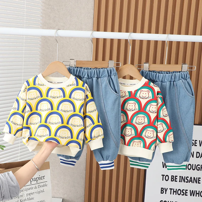 

Larua Kors New 2023 Korean Clothing Set Spring Long Sleeve O Neck Print Bear Blue Green 2 Pcs Sets Boys Clothes 12M-5T