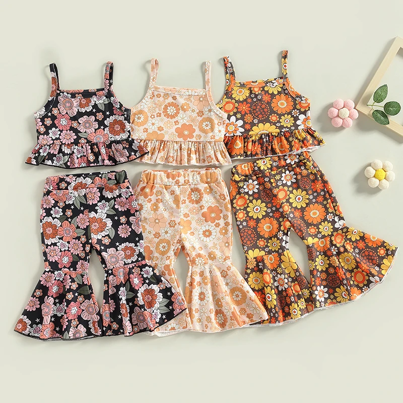 

Lovely Children Kids Girls Summer Clothing Sets 1-4Y Floral Print Ruffles Tanks Tops Flare Long Pants Holiday Casual Outfits