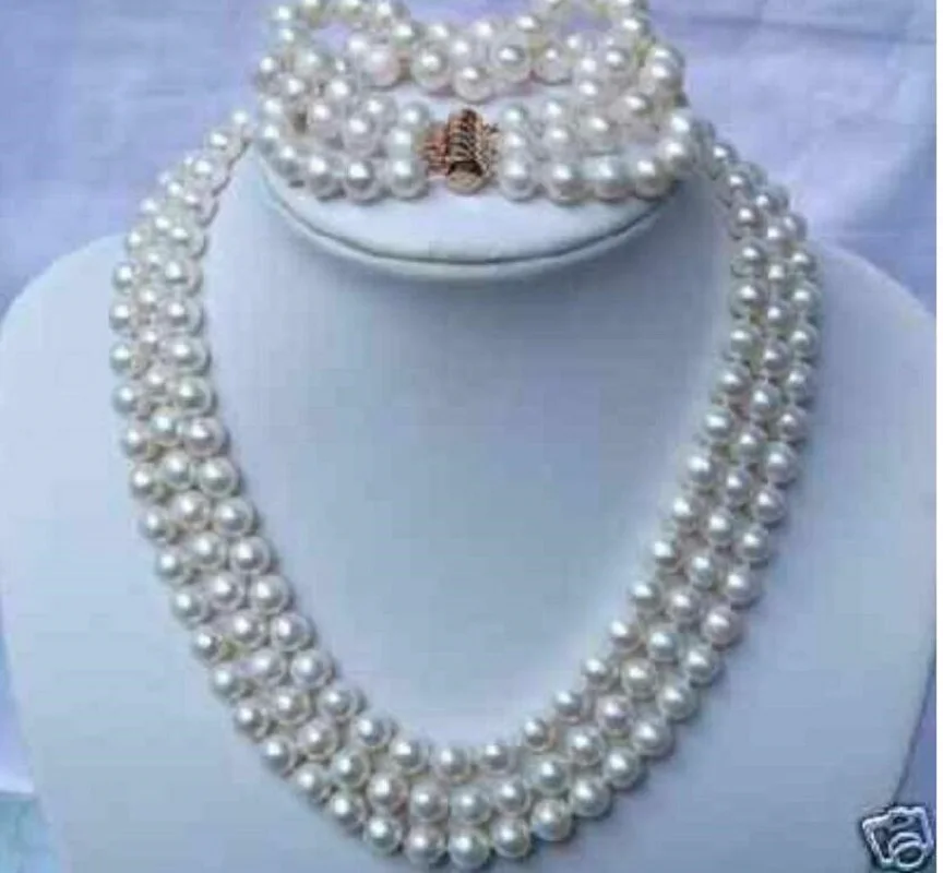 

Ожерелье из белого жемчуга Akoya круглой формы AAA, 3 ряда, 18 дюймов + браслет 7,5-8 дюймов, застежка из 14-каратного золота