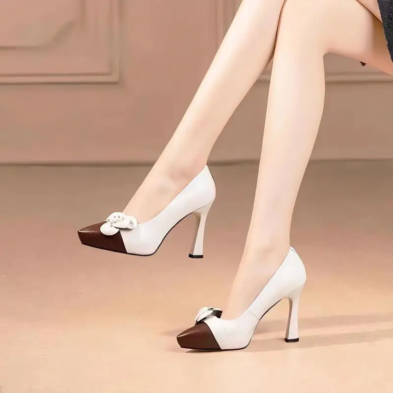 

FHANCHU 2023 Genuine Leather Shoes Woman,Flower High Heels,Women Platform Pumps,Pointed Toe,Slip On,Beige,Apricot,Dropship