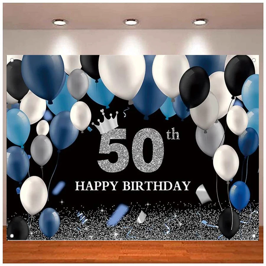Black And Silver 50th Birthday Photography Backdrop Navy Blue and White Balloons Crown Background Party Decorations Fifty Banner
Black And Silver 50th Birthday Photography Backdrop Navy Blue and White Balloons Crown Background Party Decorations Fifty Banner