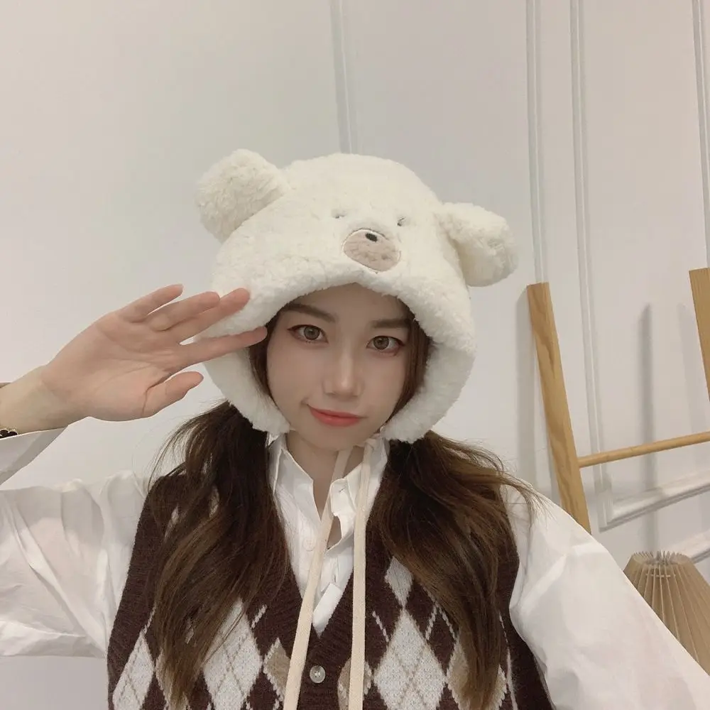 

Outdoors For Girls Lambs Wool Ear Protective Plush Hairball Korean Beanies Hat Ear Muff Caps Bear Ear Women Bomber Hats