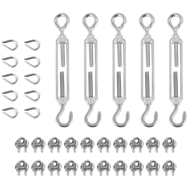 

304 Stainless Steel Turnbuckle M6 Wire Rope Tension Tensioner Strainer And M3 Wire Rope Clips, 1/8 Inch Cable Railing Kit For Wo