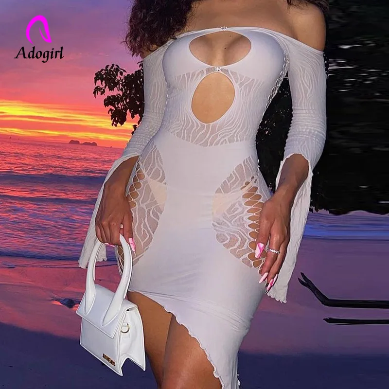 

Neon Rosy Women Mini Dress Solid Long Sleeve Hollow Out Dresses 2022 Summer Sexy Sheer Mesh Night Club Party Irregular Vestidos