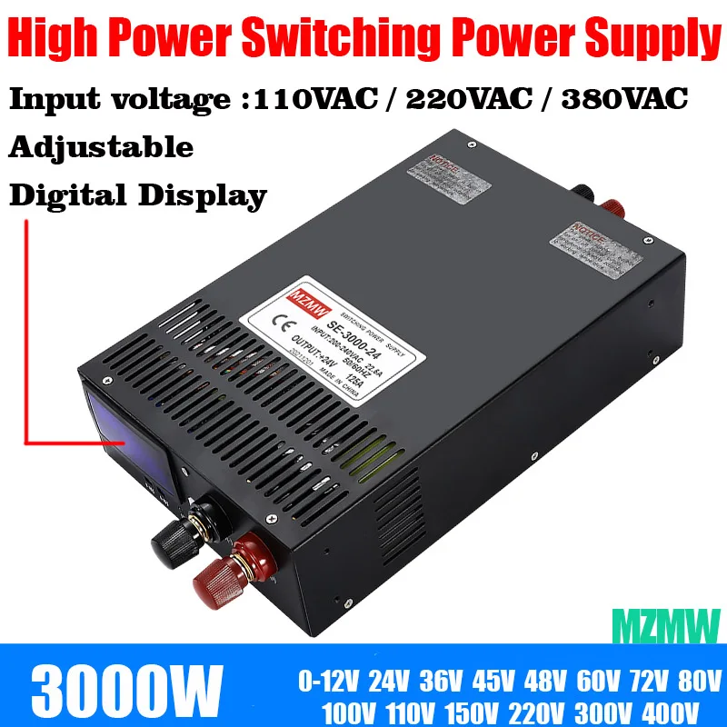 

3000W Switching Power Supply 0-15V 24V 36V 48V 60V 80V 110V 220V 300V 400V AC/DC 110/220/380VAC Digital Display Adjustable SMPS