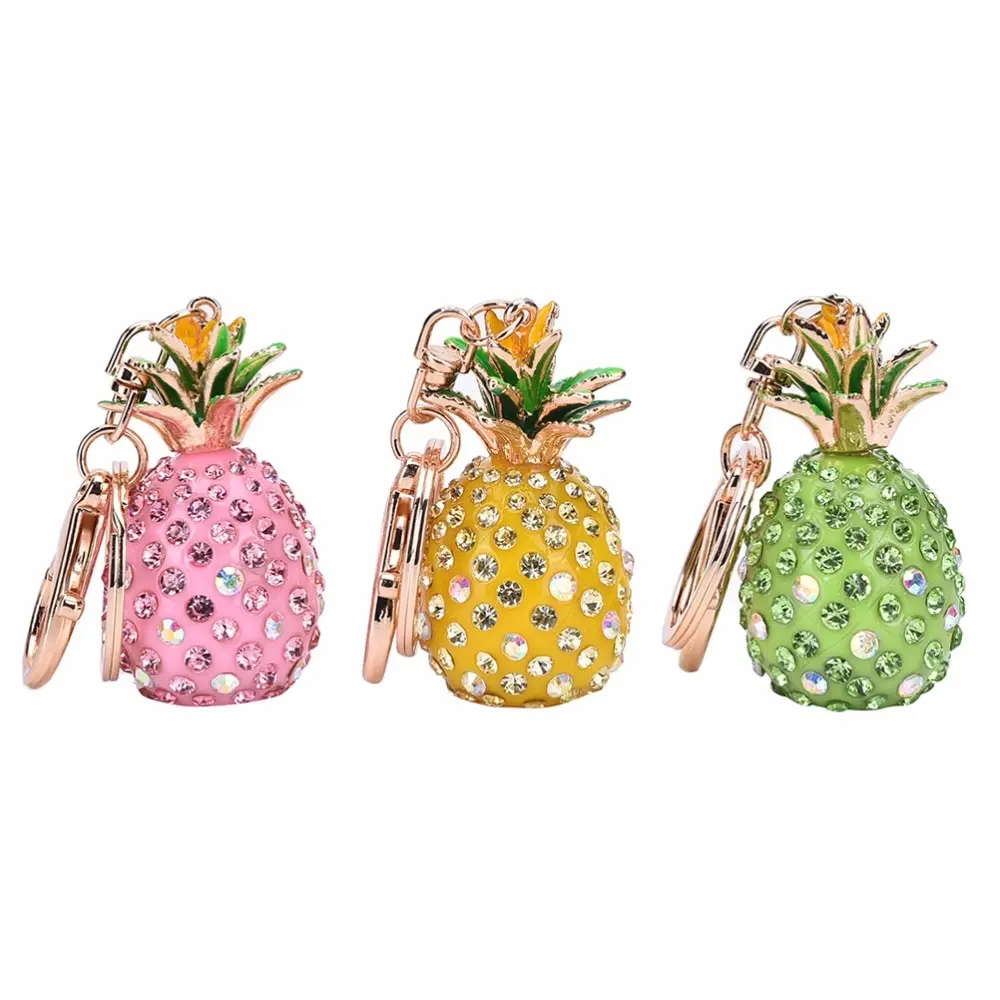 

New Arrival Keychains 3D Resin Pineapple Green Yellow Rhinestone Pendant Keyring Charm Trinket For Women Bag Key Ring Chain