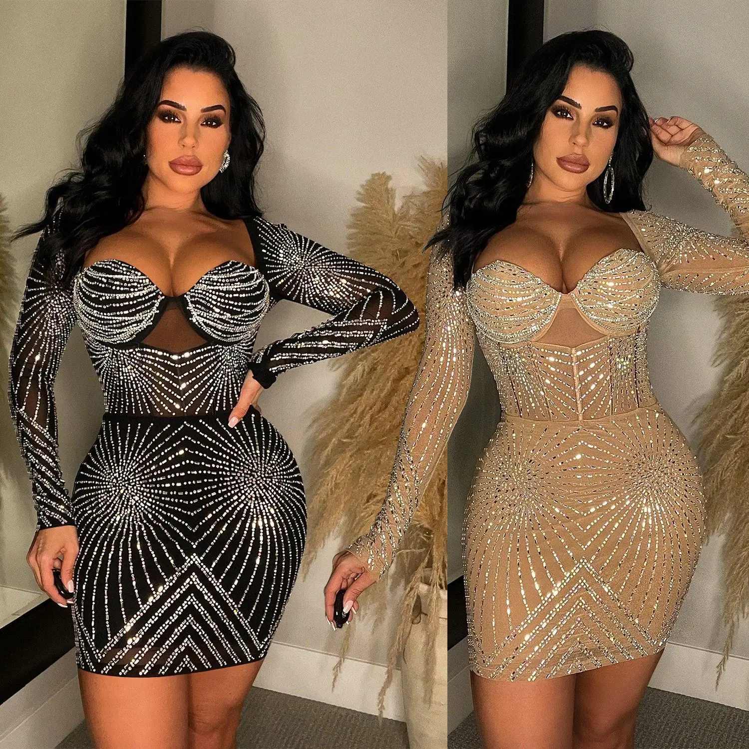 FANTIGO Fashion Women's Clothing Solid Color Mesh Rhinestones Long Sleeve Dress Nightclub Party Dress Sexy Backless Ladies Dress
FANTIGO Fashion Women's Clothing Solid Color Mesh Rhinestones Long Sleeve Dress Nightclub Party Dress Sexy Backless Ladies Dress