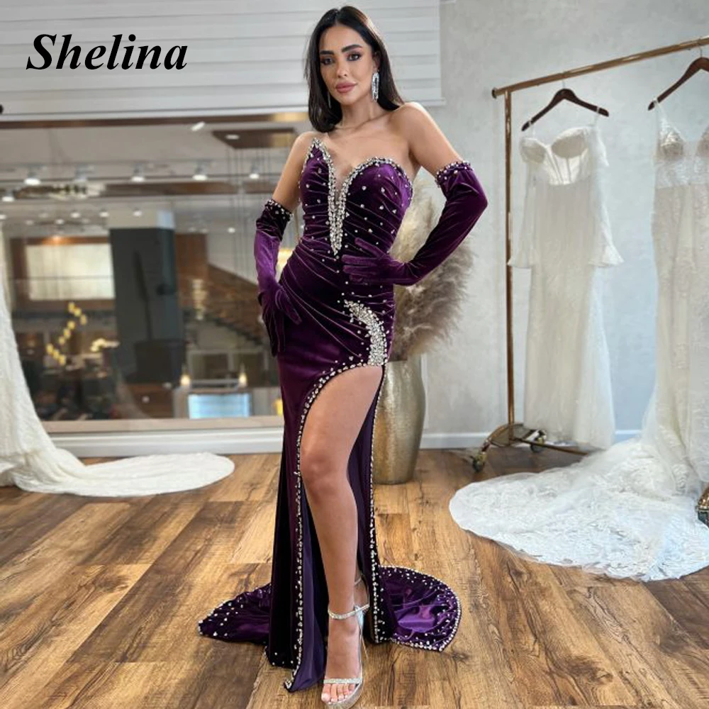 

Shelina Attractive Sweetheart Graduation Dress Pleat Crystal Detachable Sleeve Split Mermaid Vestidos De Baile Made To Order