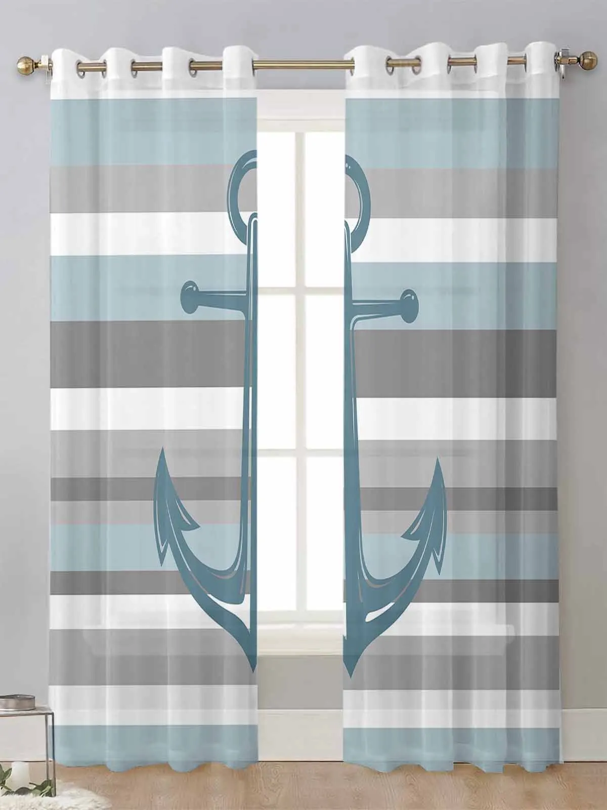 

White Grey Stripes Anchor Sheer Curtains For Living Room Window Transparent Voile Tulle Curtain Cortinas Drapes Home Decor