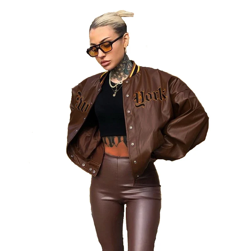 2021 Spring Autumn PU Leather Letter Embroidery Long Sleeve Baseball Uniform Women Casual Slim Single-Breasted Lady Streetwear
2021 Spring Autumn PU Leather Letter Embroidery Long Sleeve Baseball Uniform Women Casual Slim Single-Breasted Lady Streetwear
