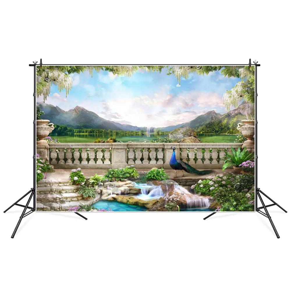 Mountains & Lakes Viewing Platform Birthday Photography Backdrops Waterfall Peacock Deco Balcony Scenery Photographic Background 
Mountains & Lakes Viewing Platform Birthday Photography Backdrops Waterfall Peacock Deco Balcony Scenery Photographic Background