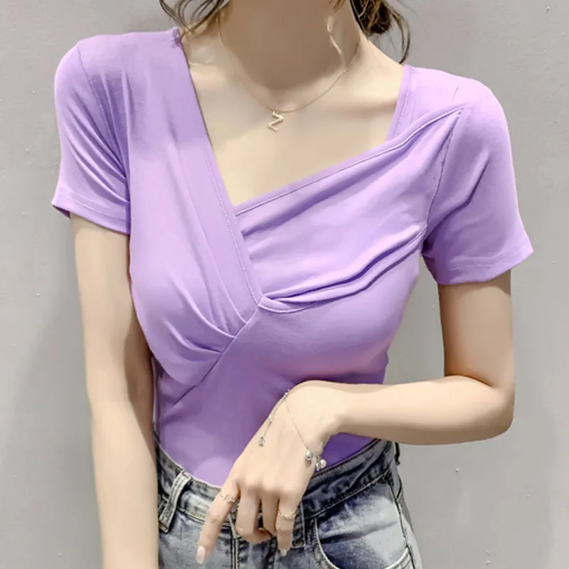 Summer New Fashion Round Neck Creative Korean Version Commuter Short-Sleeved T-Shirt Women'S Slim Solid Color All-Match Top 
Summer New Fashion Round Neck Creative Korean Version Commuter Short-Sleeved T-Shirt Women'S Slim Solid Color All-Match Top