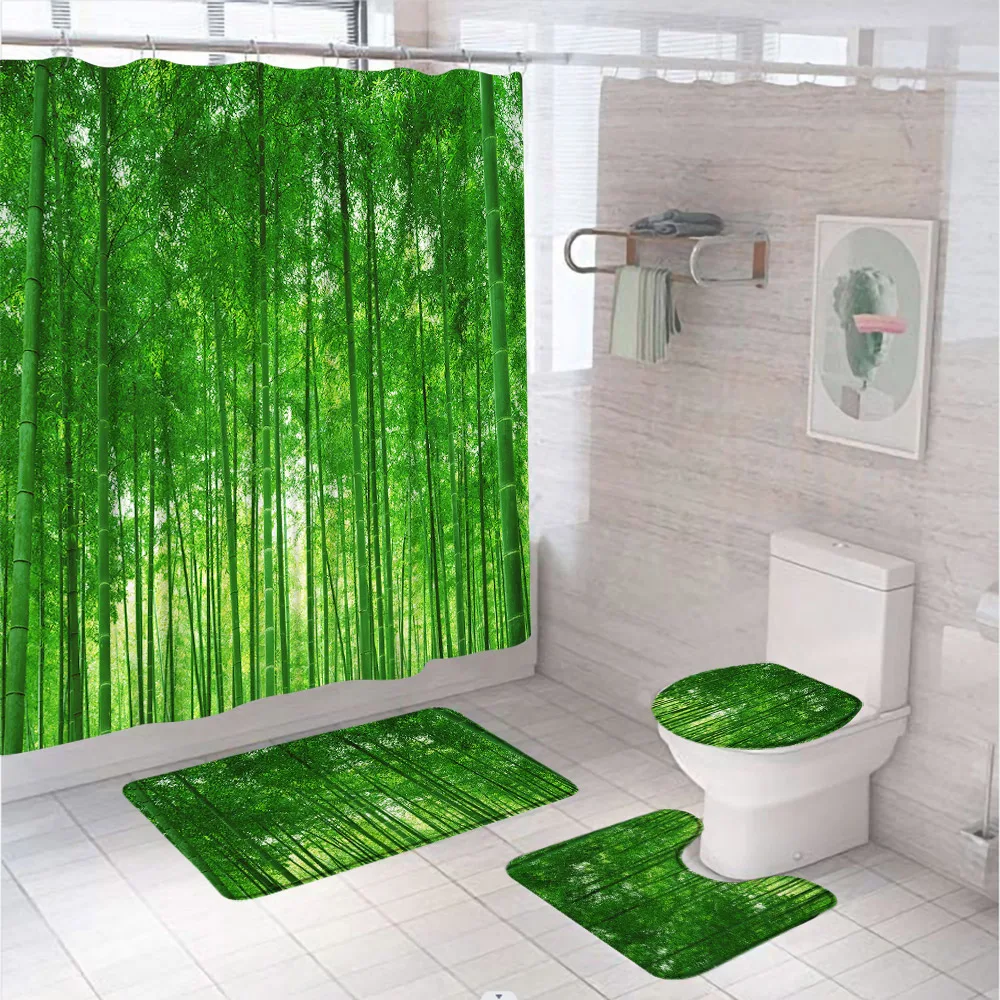 

Green Bamboo Forest Shower Curtain Set Natural Scenery Plant Bathroom Curtains Non-Slip Bath Mats Pedestal Rug Lid Toilet Cover