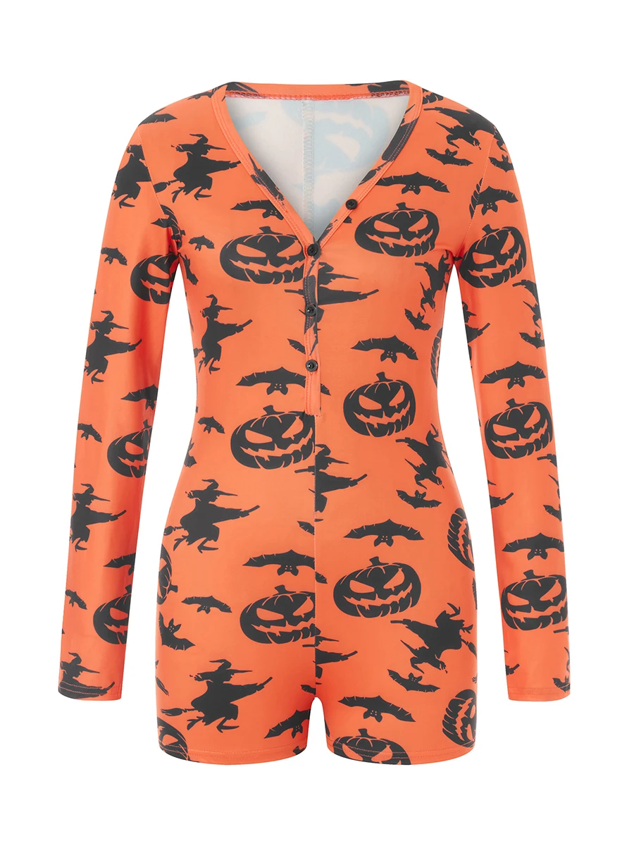 

Женские пижамы на Хэллоуин с принтом медведя тыквы с длинным рукавом Комбинезоны для отдыха шорты мягкая одежда для сна для ночного белья