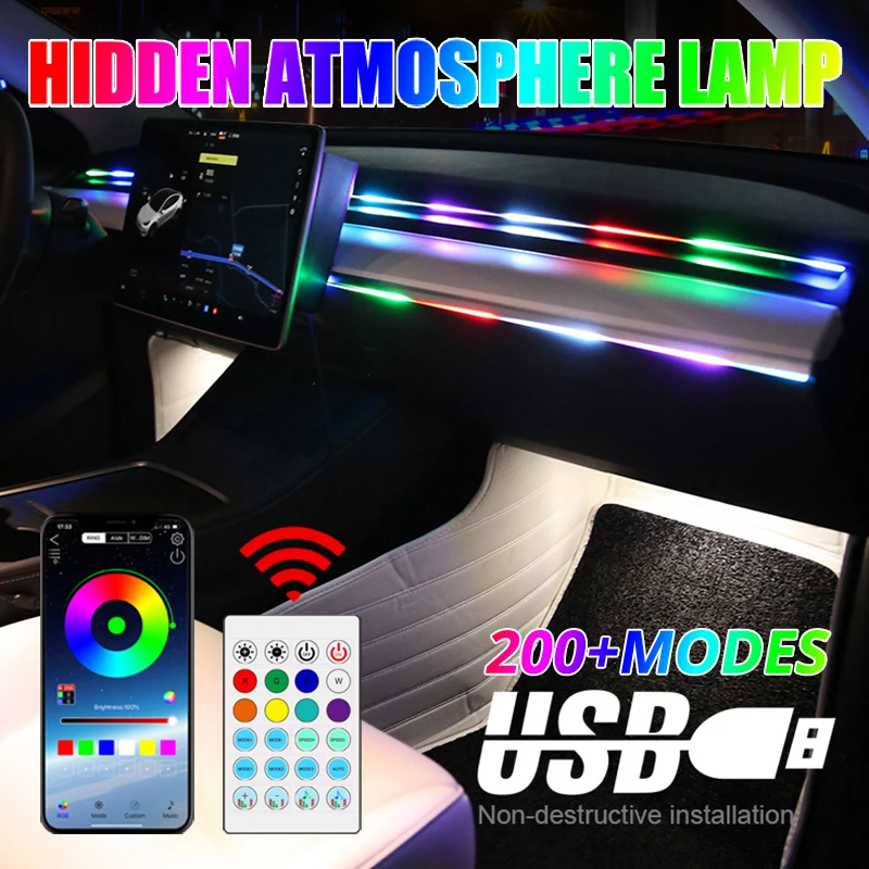 

APP Full Color Streamer Car Ambient Lights RGB 64 Color Universal LED Interior Hidden Acrylic Strip Symphony Atmosphere Lamp